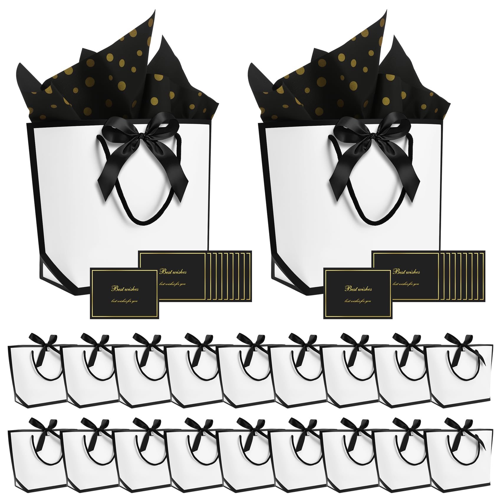 Nagoyuki Gift Bags Medium,Black White Gift Bags with Ribbon Tissue Paper, and Greeting Cards, Gift Bags for Present Wedding Baby Shower Bridesmaid Party (20)