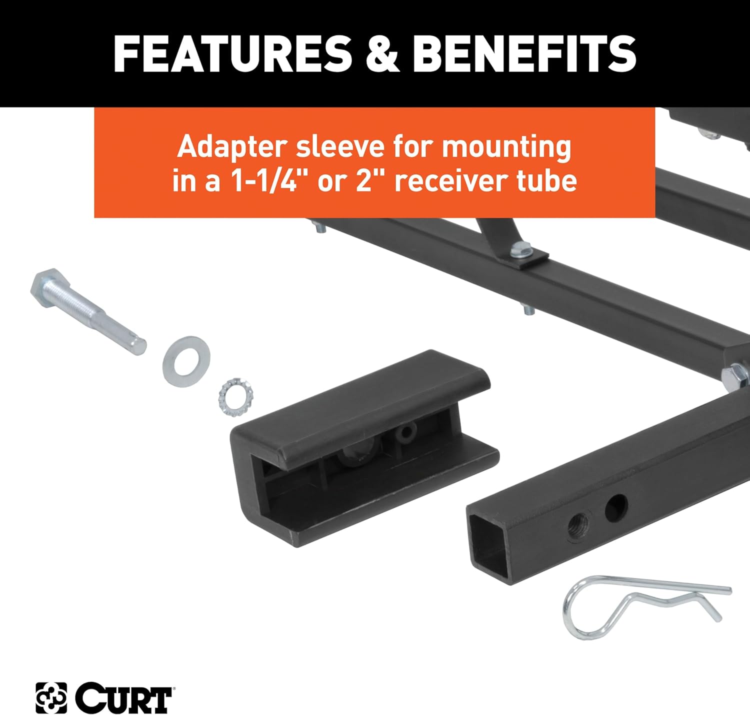 Close-up of the adapter sleeve for 1-1/4 inch or 2 inch receiver tubes.