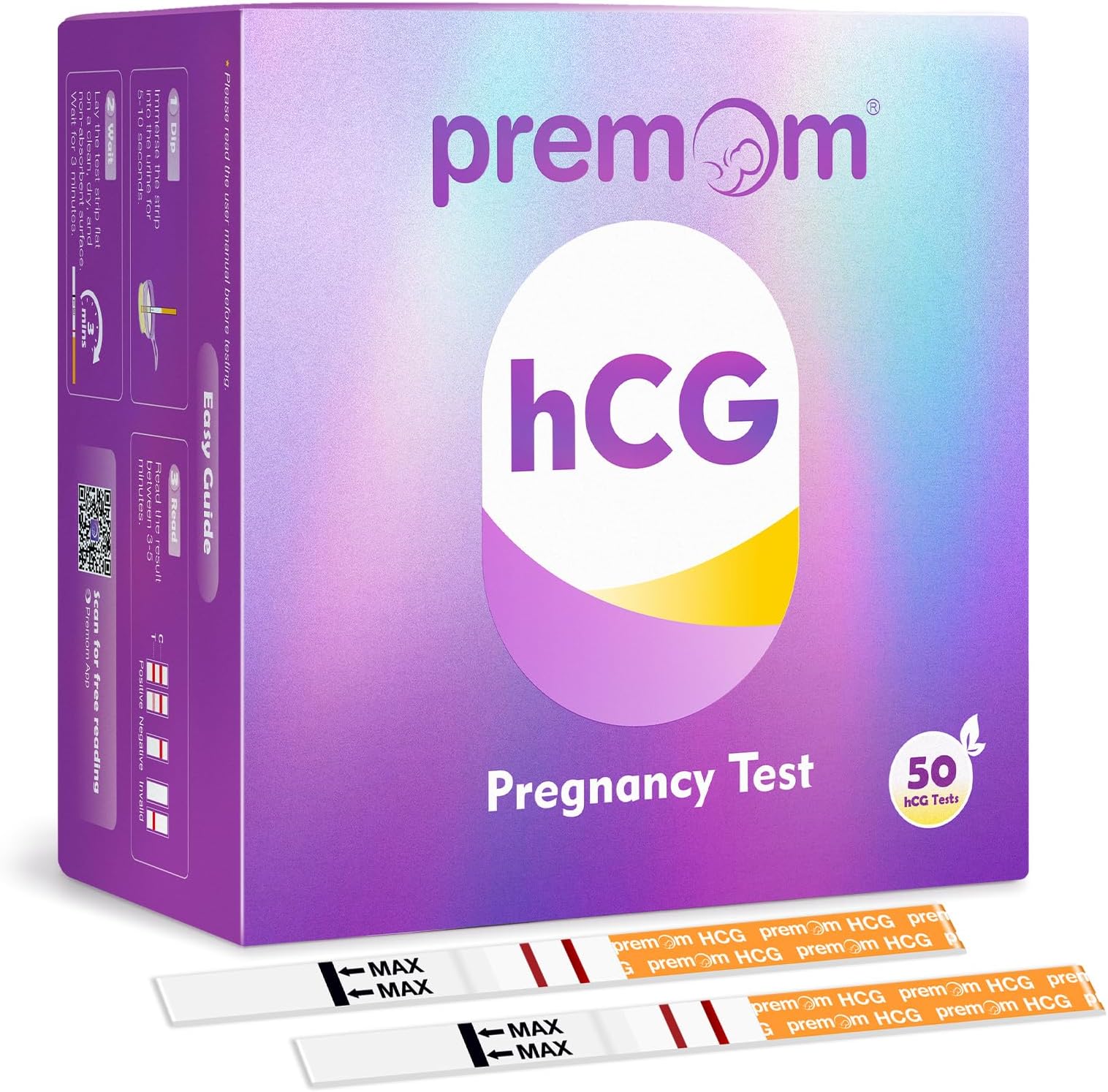 Premom hCG Pregnancy Test Strips: 50 Individually Wrapped Pregnancy Test Kit Powered by Premom Ovulation Predictor | hCG Urine Pregnancy Test Strips in Bulk