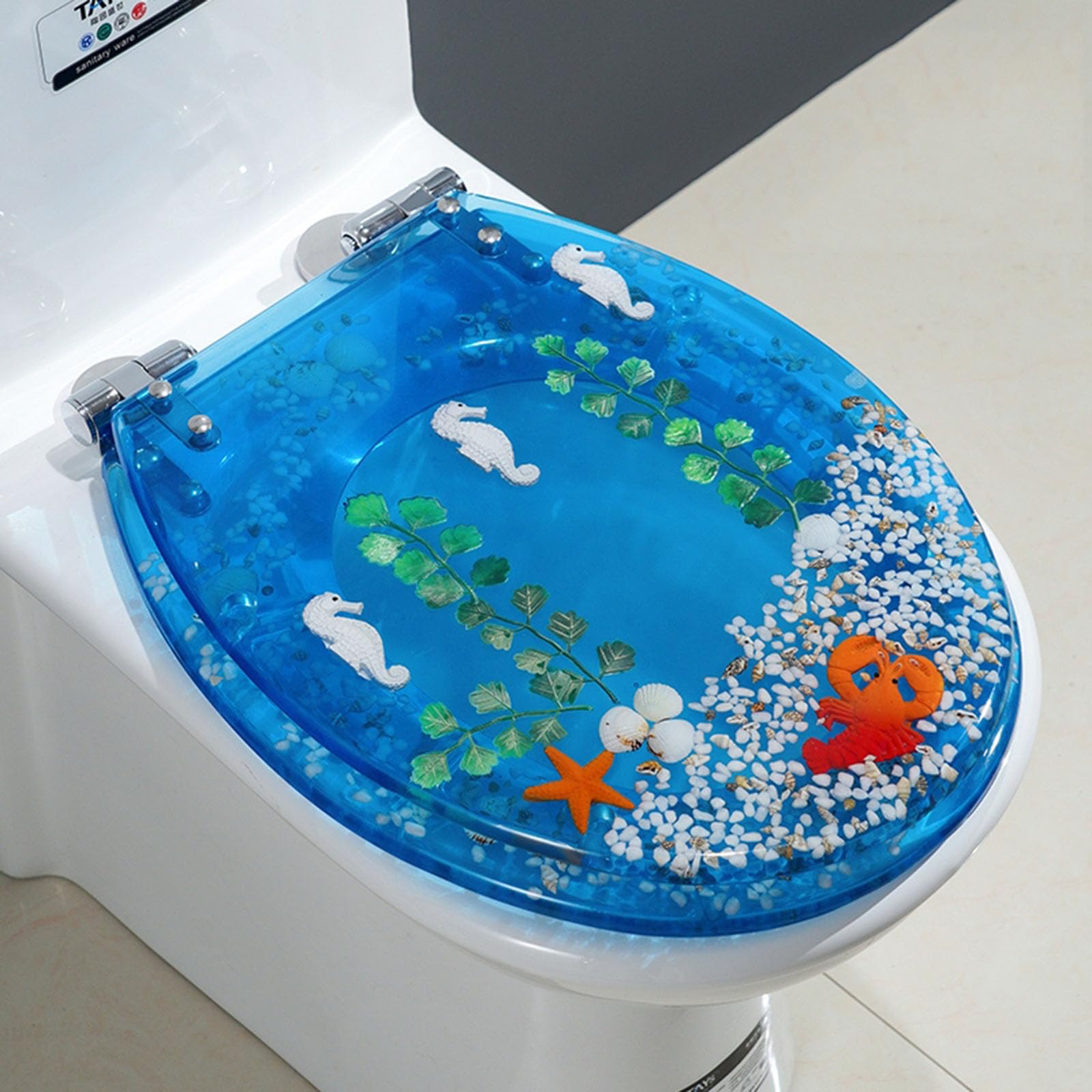 Toilet lid, Resin Toilet Seat Round Purple Slow Close Quick Release Easy to Install Clean 16.5" × 14.2(Seahorses)