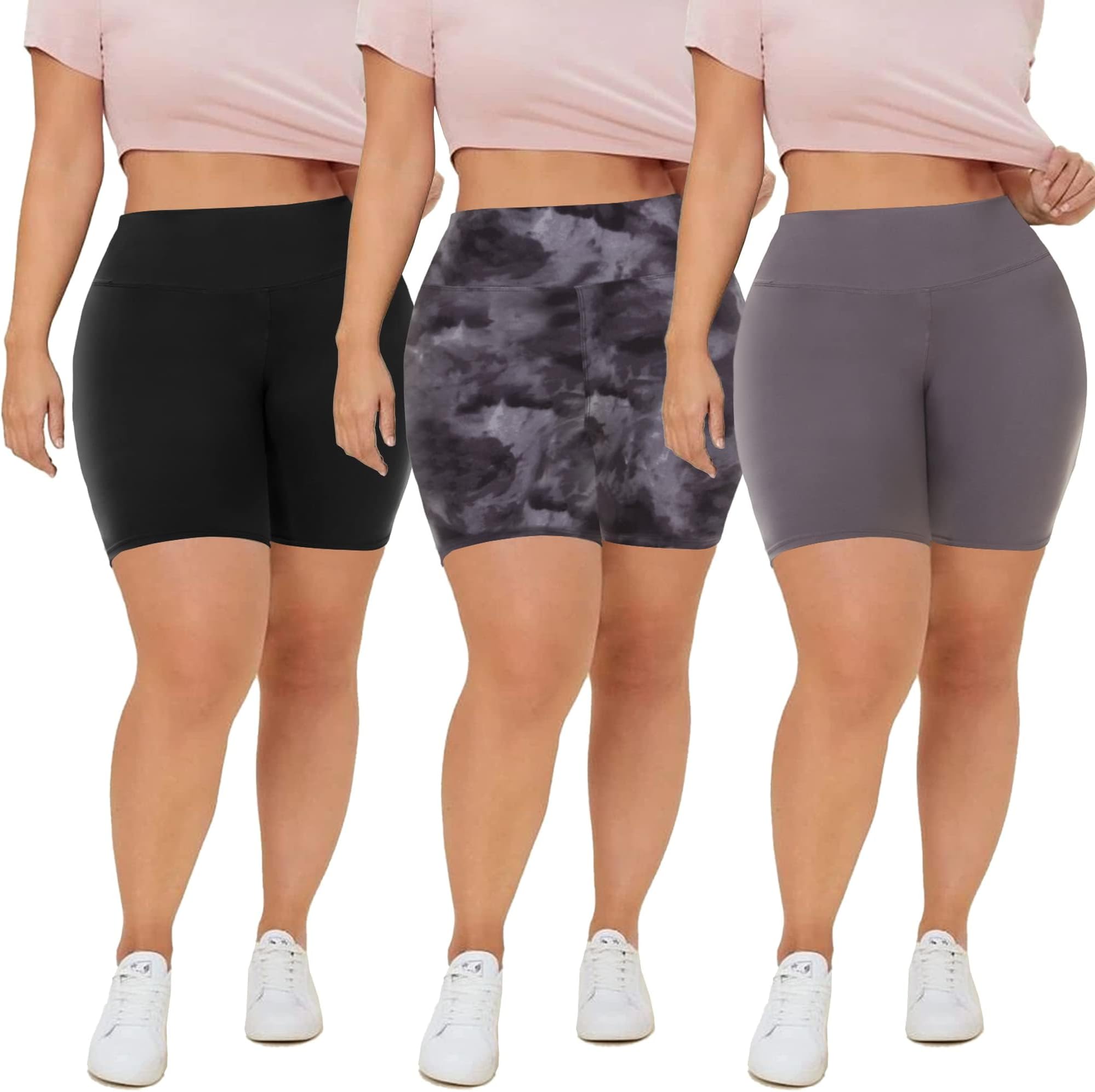 3 Pack Plus Size Biker Shorts for Women – 8" High Waisted Black Shorts for Yoga Workout (2X 3X 4X)