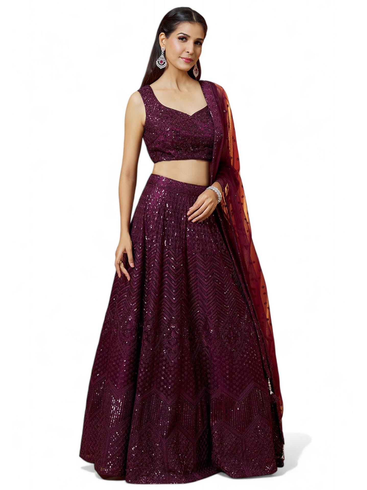 Women's Threads Sequins Embroidered Soft Net Semi-Stitched Lehenga Choli Set (5103-Purple-Wedding-Stylish-Lehenga-Choli-New; Free Size)-image-9