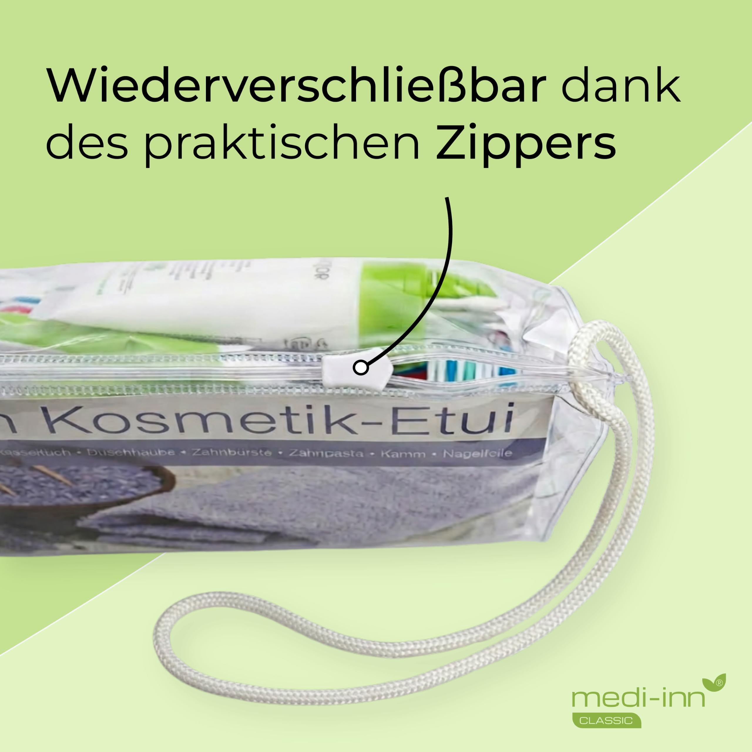 Medi-Inn Reise-Essentials Kulturbeutel transparent, 10-teilig, 20 Stück | Travel Kit fürs Handgepäck: Inhalte je unter 100 ml, für Damen & Herren, komplett bestückt für Flugreisen & Hotel