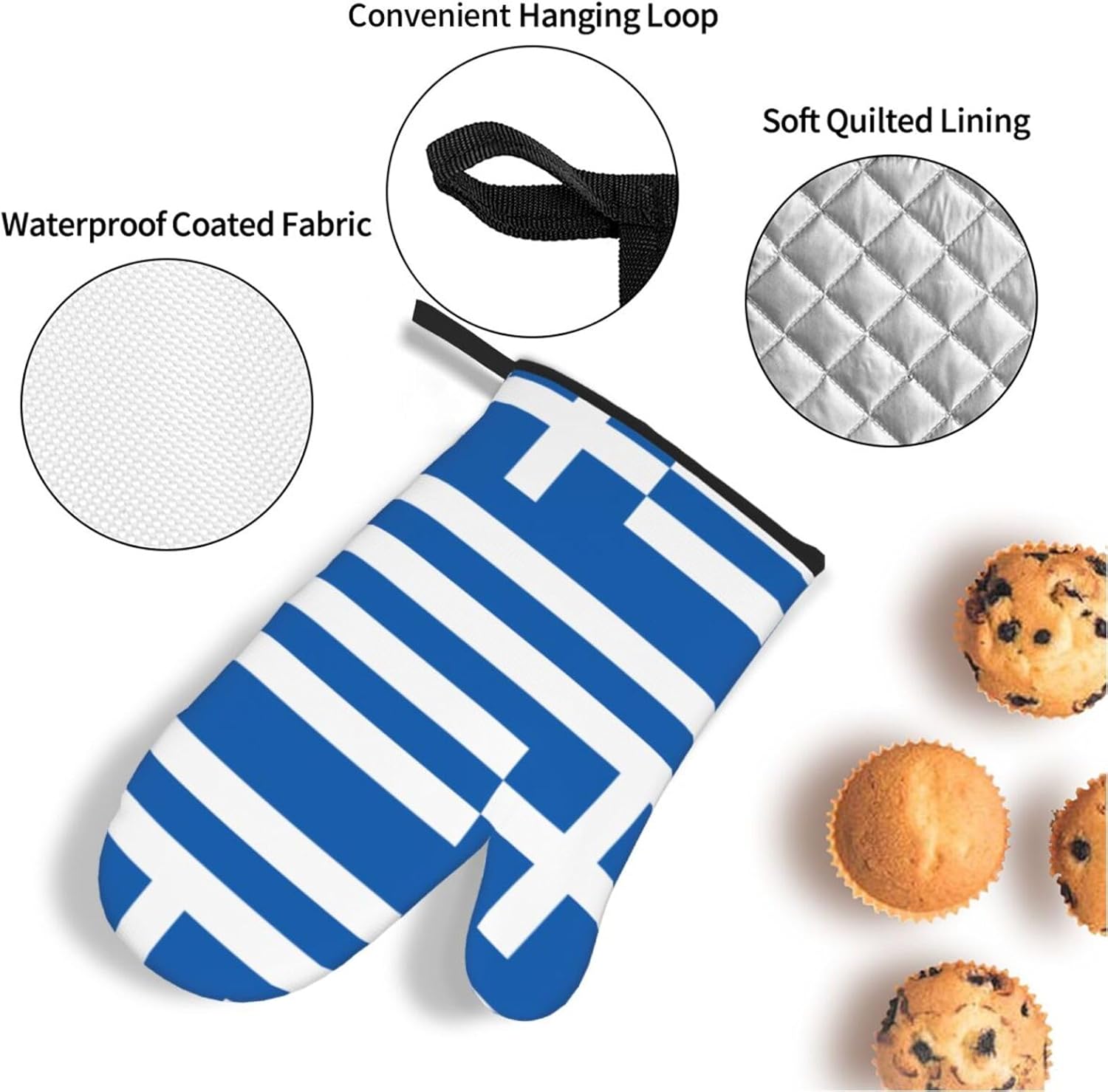 Greek flag Oven gloves and heat-resistant mat 4-piece set. Suitable for grilling, microwave oven frying, and baking