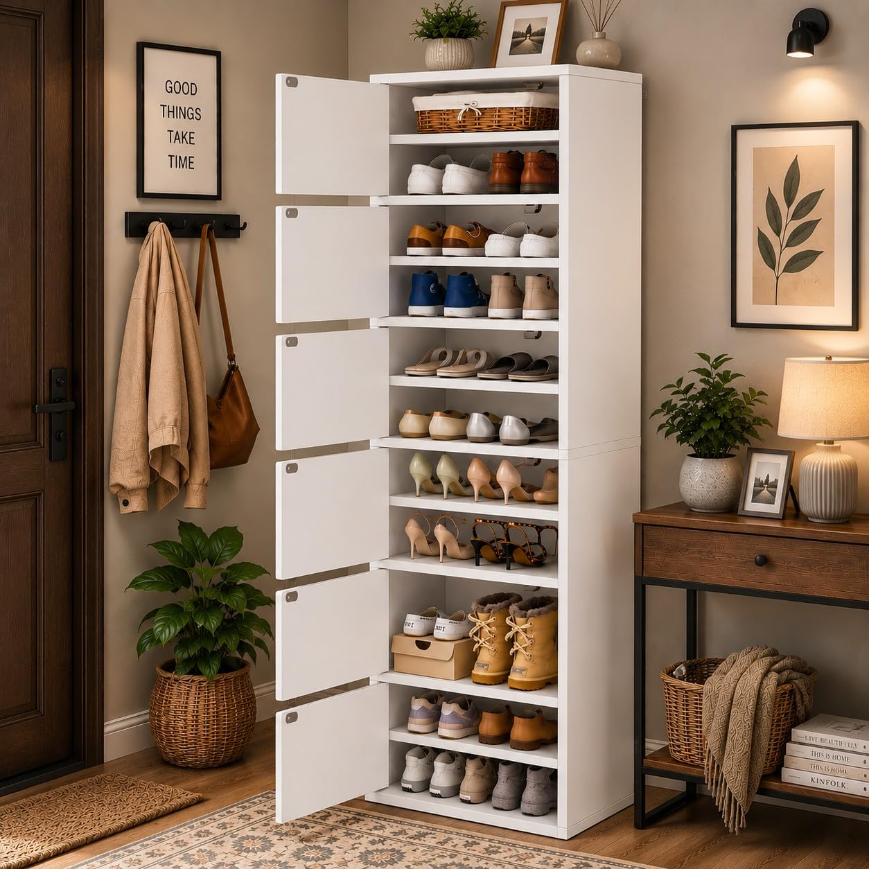 6-Door Engineered Wood Shoe Rack, 11-Tier Wooden Shoe Rack for Entryway, Shoe Storage Cabinet with Doors Adjustable Shelves, Wooden Shoes Rack Organizer - NEW (White, 11 - Layer)-image-12