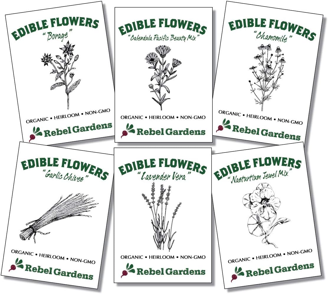 Organic Edible Flower Seeds - Non GMO Variety Pack for Planting Outdoors - Nastrurtium, Lavender, Borage, Chives, Chamomile, Clendula