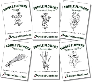 Organic Edible Flower Seeds - Non GMO Variety Pack for Planting Outdoors - Nastrurtium, Lavender, Borage, Chives, Chamomil...