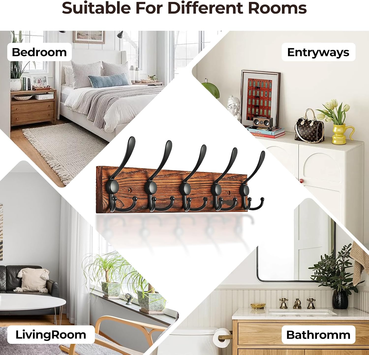 Coat Rack Wall Mounted, Pre-Assembled 16" Coat Hooks with 5 Hooks, Heavy Duty Rustic Farmhouse Wood Plank Hooks for Hanging Hat, Clothes, Keys, Jacket, Purse - Door, Entryway, Mudroom