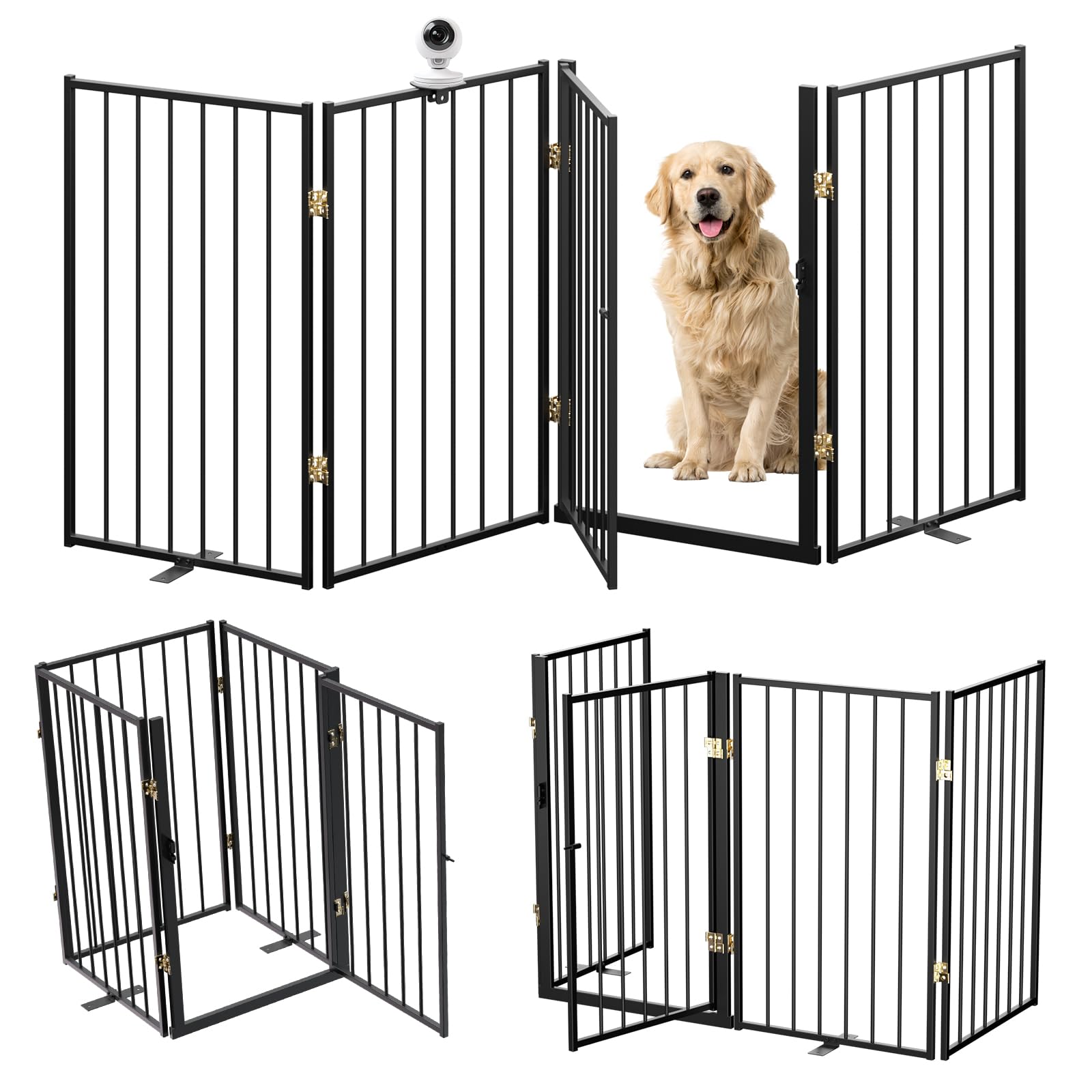 Metal Freestanding Dog Gate Outdoor-4 Panels with Door, Extra Wide Foldable Pet Fence with Pet Monitor Adapter, 32'' Height Tall Dog Gate for Doorways, Stairs, Hallways, Yard, Indoor