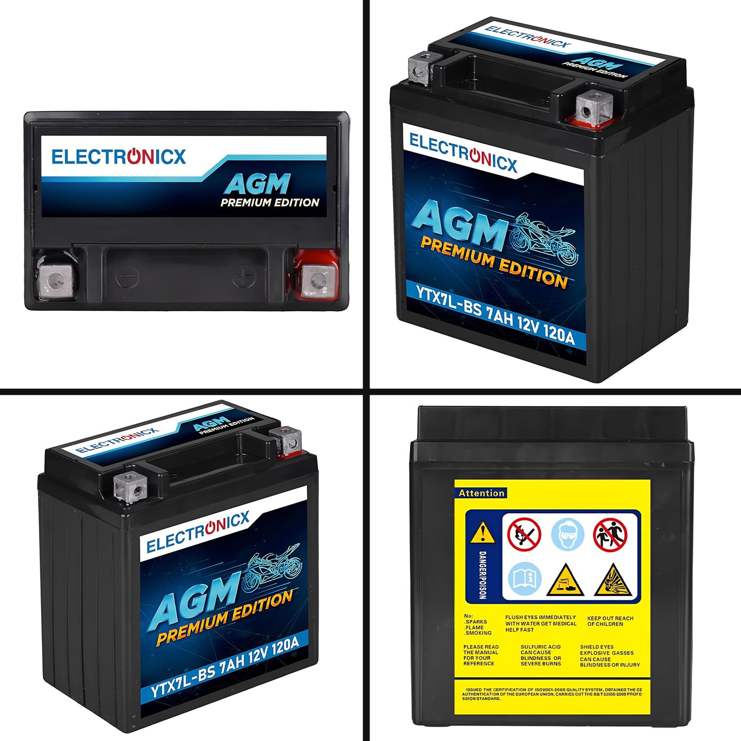 Electronicx AGM akumulator motocyklowy YTX7L-BS 12V 7Ah 120A – bezobsługowy, szczelny, kompaktowy, odporny na wibracje i wycieki – do skutera, quada i motocykla – Wymiary:113x70x128mm.