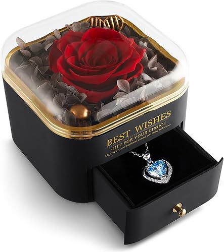 Rosa real preservada con caja de joyas, flores artificiales de Mikasol decoración romántica para mujeres en su esposa, novia, cumpleaños,