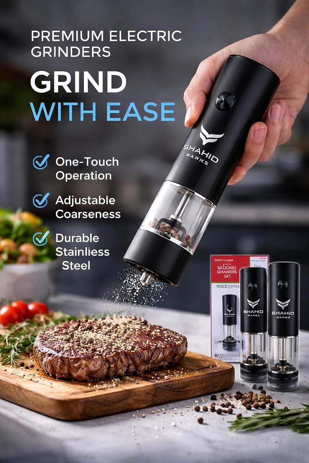 “SHAHID MARKS Electric Grinder Machine – spices, pepper, salt & nuts Powerful Stainless Steel Blade”