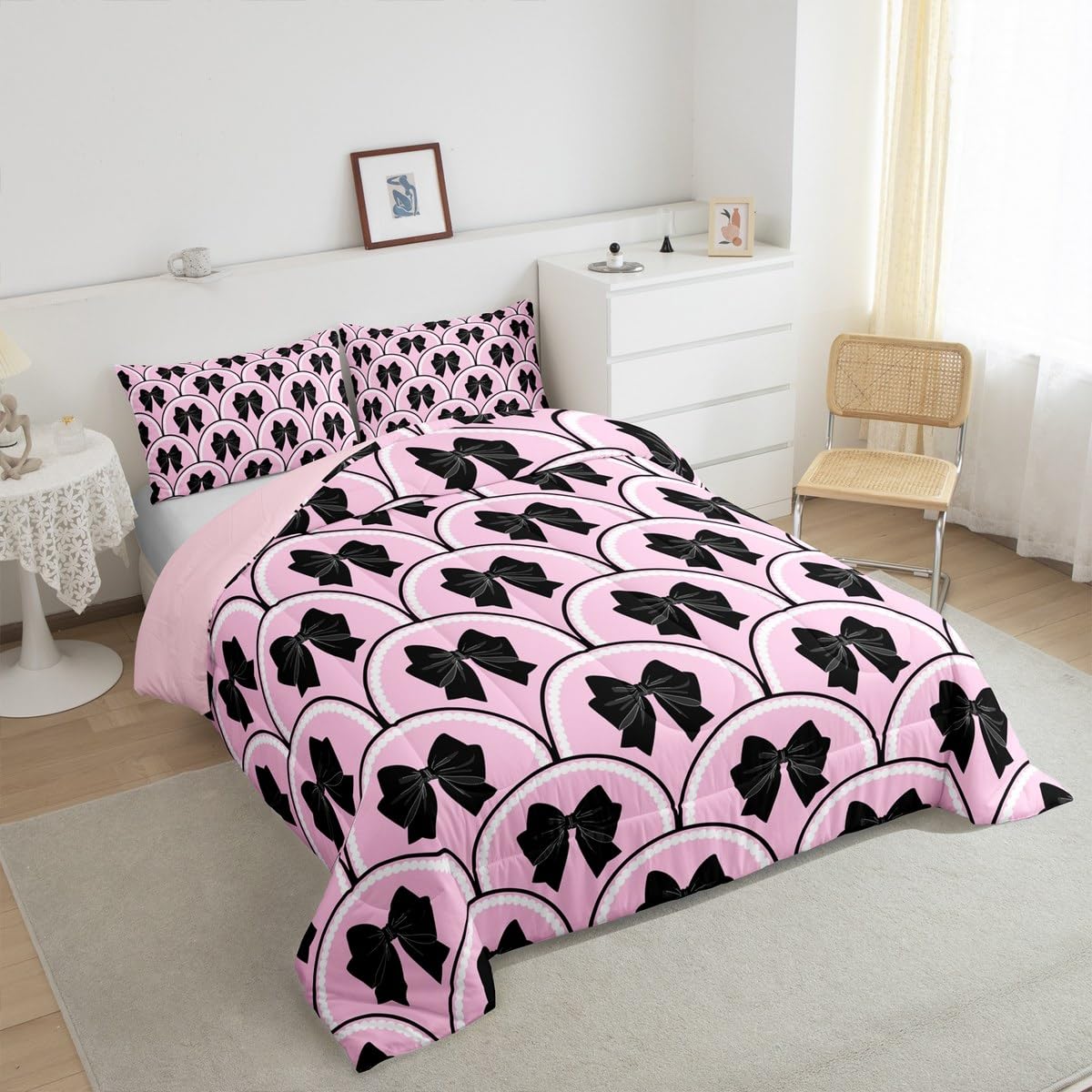 Juego de ropa de cama con lazo de acuarela para niñas y niños, tamaño individual, lindo lazo, edredón de coqueta, edredón rosa y negro, 2 piezas, ropa de cama transpirable, suave y ligera de