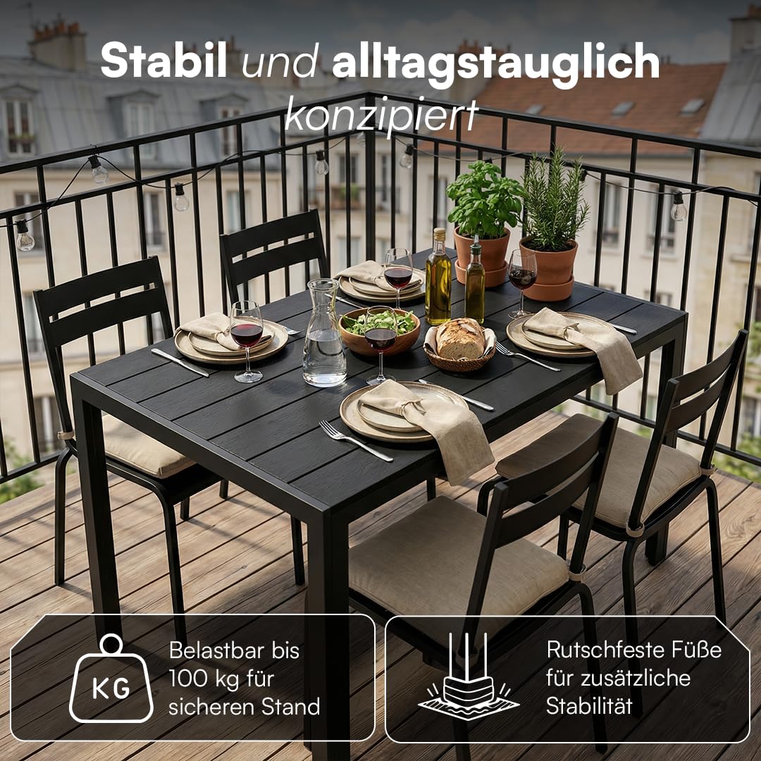STEELSØN Alaris Gartentisch 115x71 cm – Esstisch Garten für 6 Personen – Balkontisch mit Metallgestell, Schwarz – Outdoor Tisch für Balkon – Terrassentisch mit Kunstholz Tischplatte UV- & wetterfest