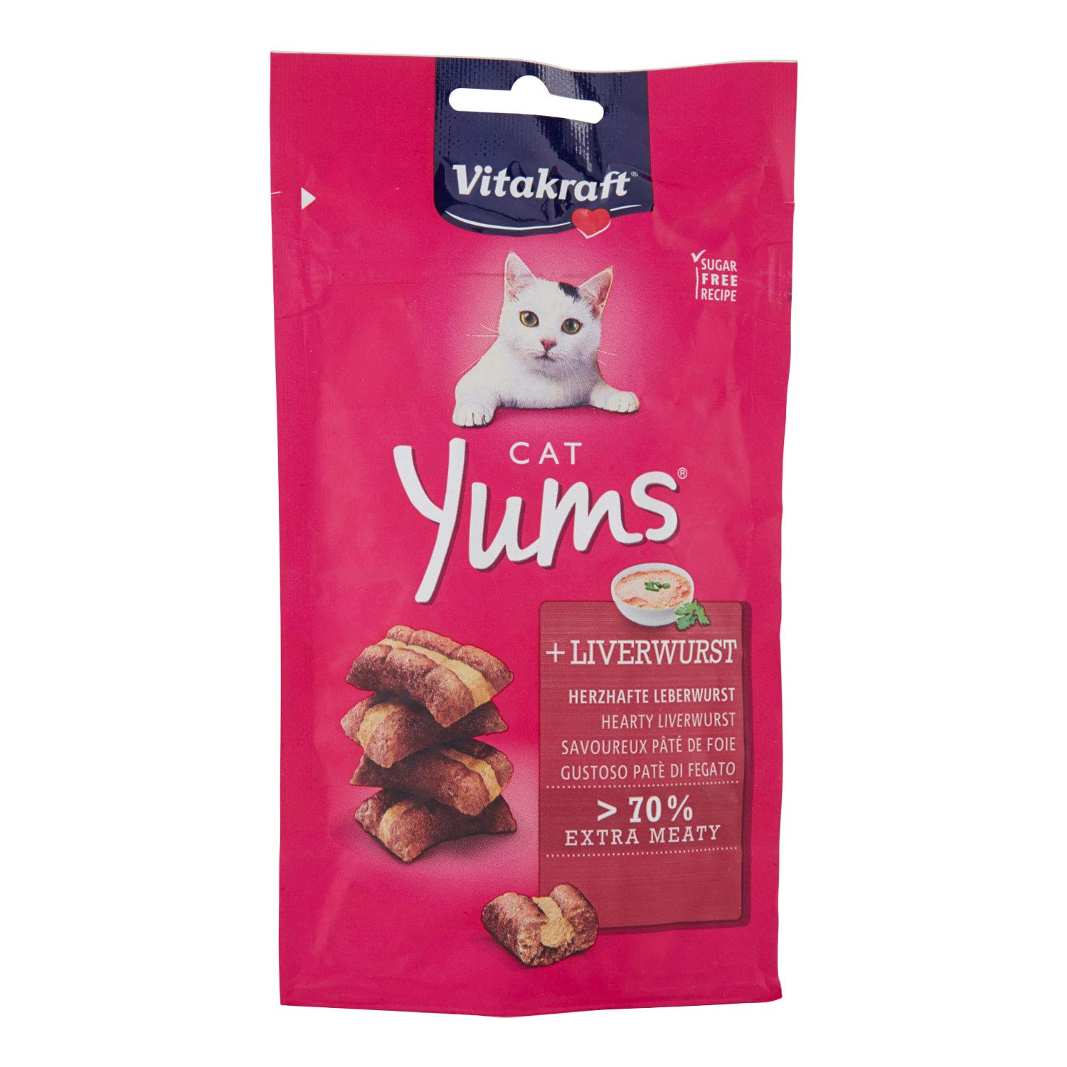 Vitakraft Cat Yums, przekąska dla kota z serdeczną kiełbasą wątrobową, ekstra mięsista, z widocznym wypełnieniem, w zamykanym woreczku, bez dodatku cukru i zbóż (1 x 40 g)