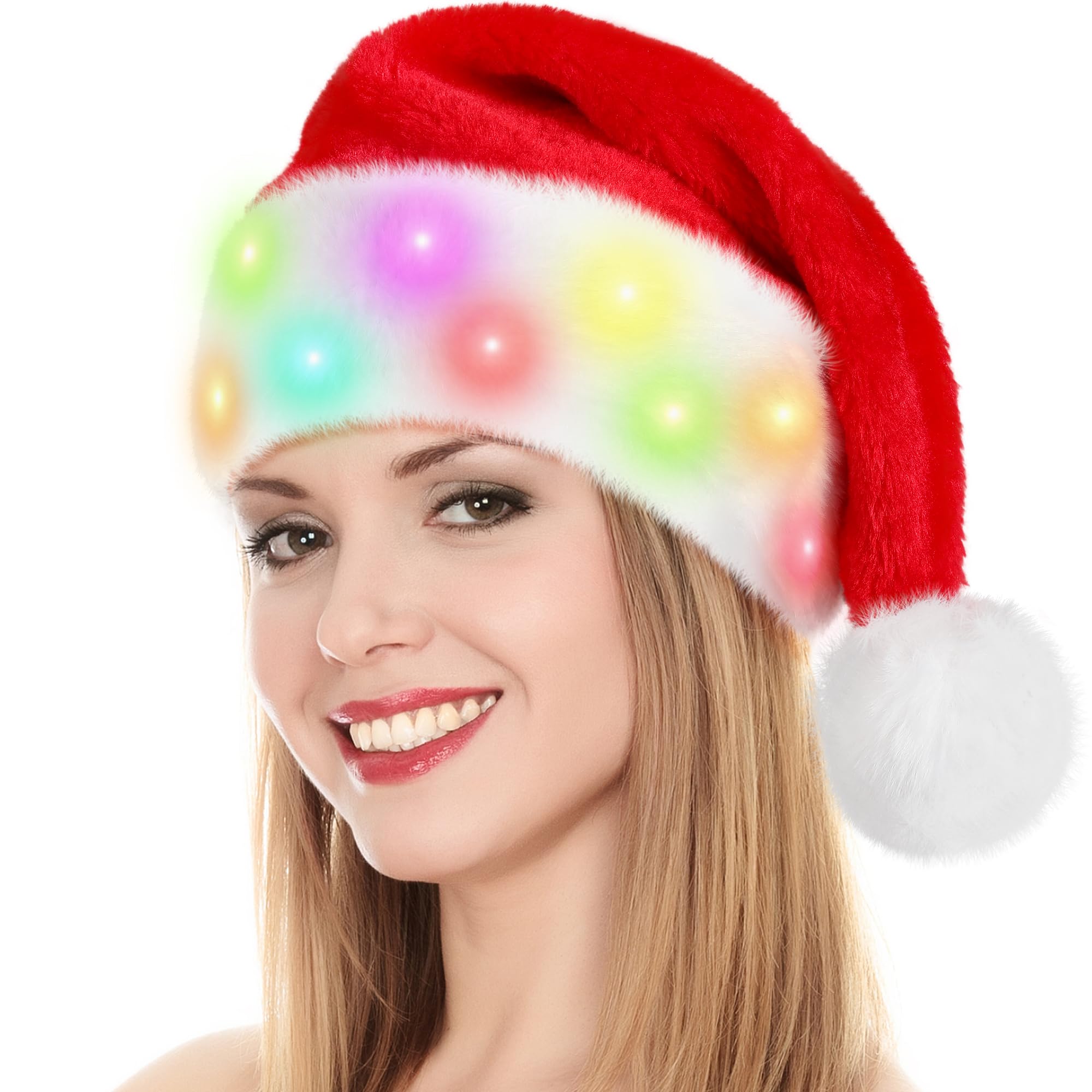 tgosomt Plush Santa Hat with LED Lights, Light up Santa Hat, 8 Flash Modes Funny Fluffy Christmas Hat for Adults/kids/Baby