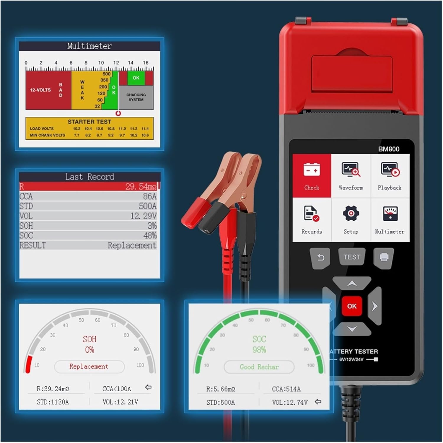 Car Battery Tester with Printer 6V 12V 24V Battery Analyzer Cranking Test & Charging Test & Max Load Test