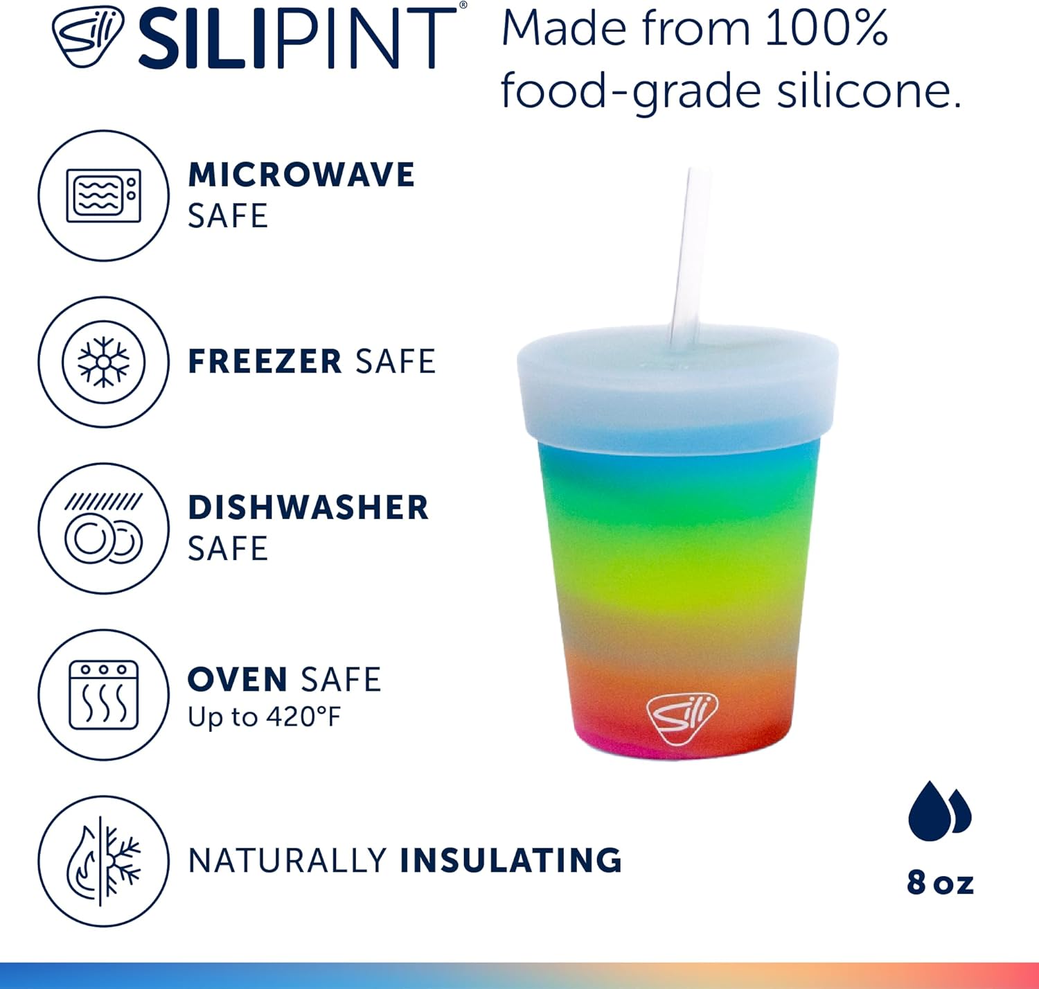 Silipint 8oz Silicone Tumbler with Straw and Lid – Unbreakable, BPA Free, Non-Toxic, Dishwasher, Microwave, Freezer Safe Tumbler Cup – Reusable Drinkware for Juice (Prism, 8oz - Pack of 4)