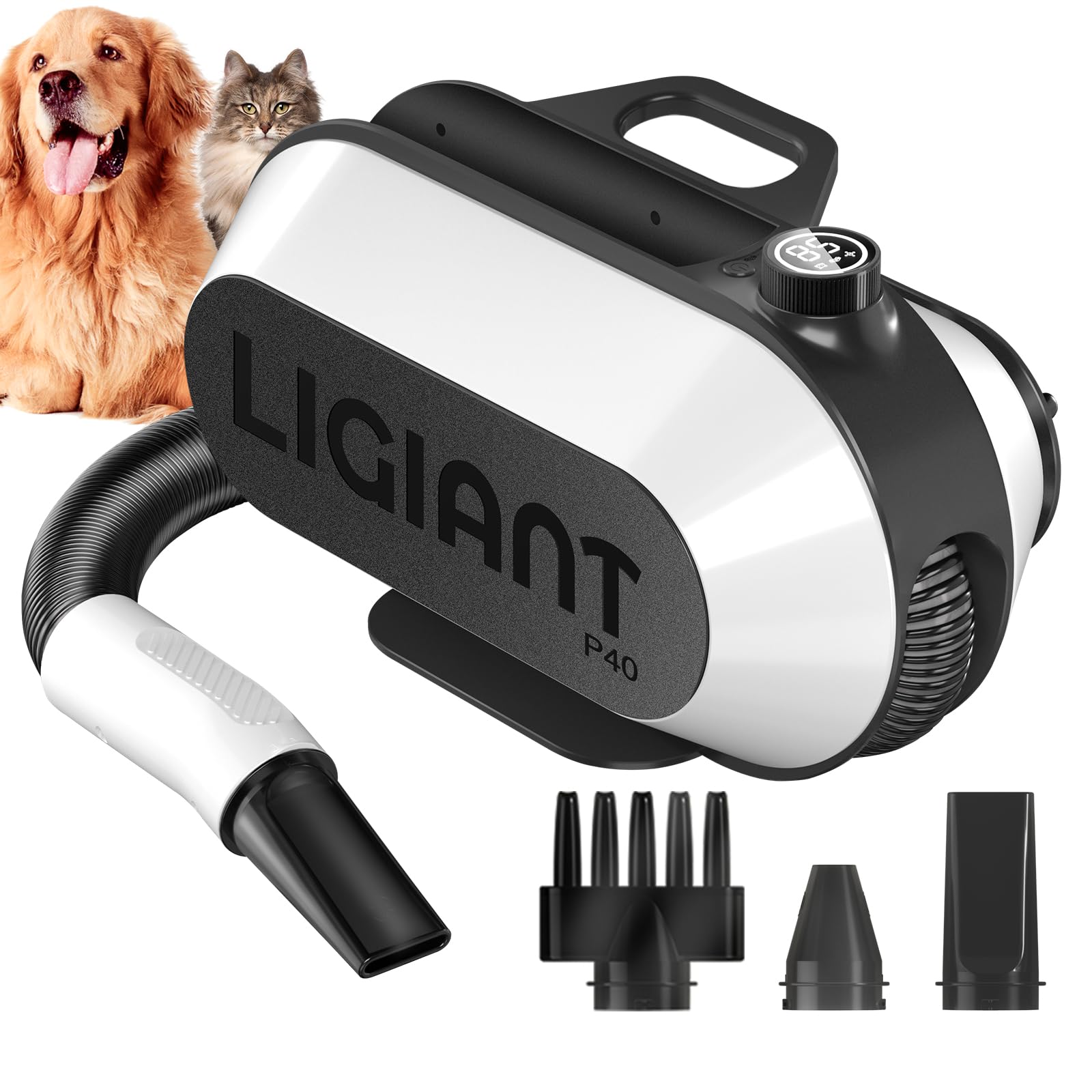 LIGIANT P40 Asciugacapelli per Cani Blower, Ultra Silenzioso (40 Db modalità Gatto), 3 Bocchette in 1, velocità & Temperatura Regolabili, Tecnologia a Ioni Negativi, Compatto e per Cani e Gatti