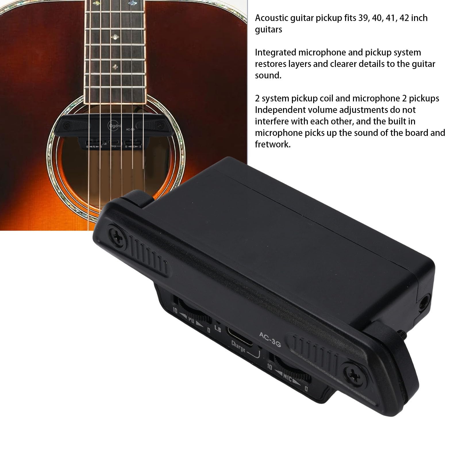 Naroote Tonabnehmer für Akustikgitarre, Wiederaufladbarer Magnet- und Mikrofon-Schallloch-Tonabnehmer mit Dual-System und Lautstärkeregler, für 39 40 41 42 Zoll Akustikgitarren, Ideal für Musiker
