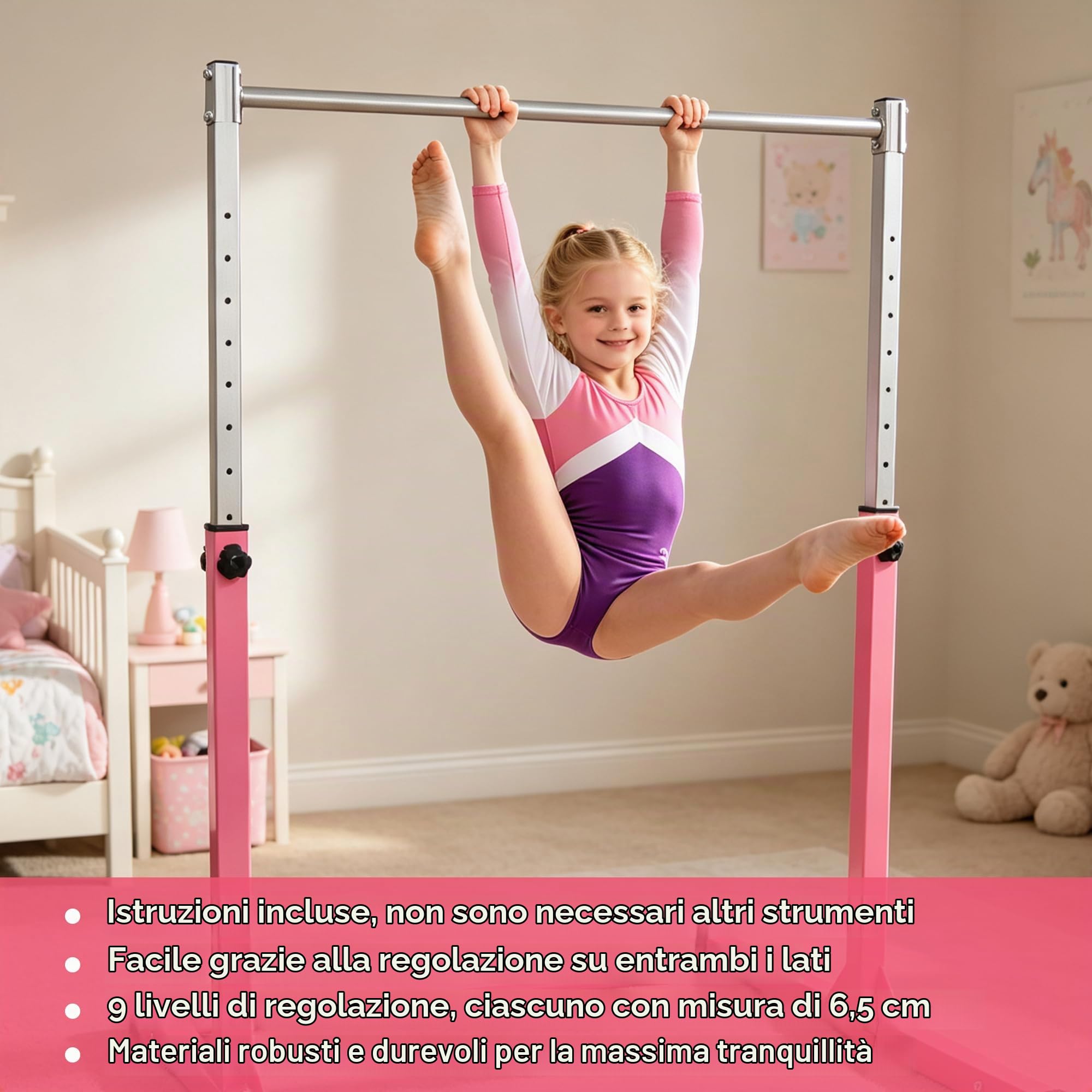 ORIENTOOLS - Barra Ginnastica per Bambini | Altezza Regolabile 90-150 cm | Attrezzatura per Ginnastica, Fitness e Allenamento in Casa