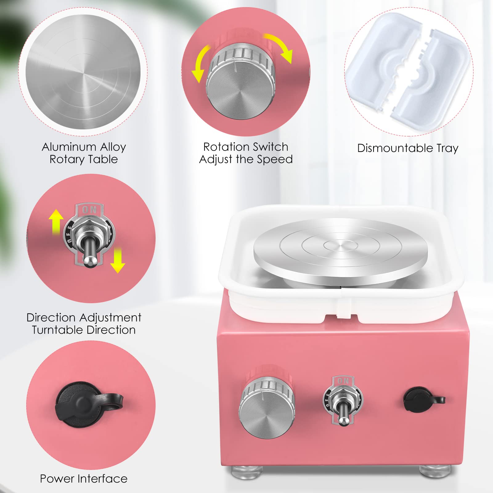 Mini Rueda de Cerámica, Máquina Eléctrica de Cerámica 30 W Velocidad 2000 RPM con Lavabo Extraíble de ABS y Plato Giratorio de 6,5/10 cm Máquina de Rueda de Cerámica para Niños, Adultos