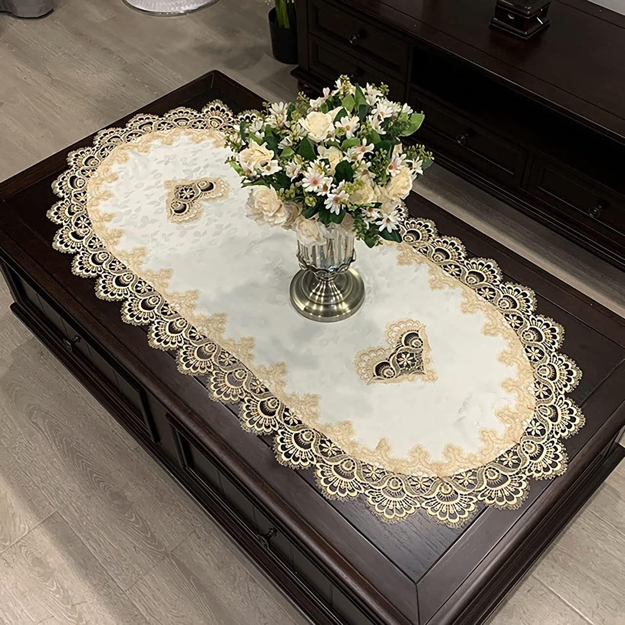 FAYING Bedside Tablecloth Lace Doilies for Side Table Cloth Runner Tabletop Dust Cover Room Nightstand Decor(Champagne Gold,19.7x43.3 Inch Oval)
