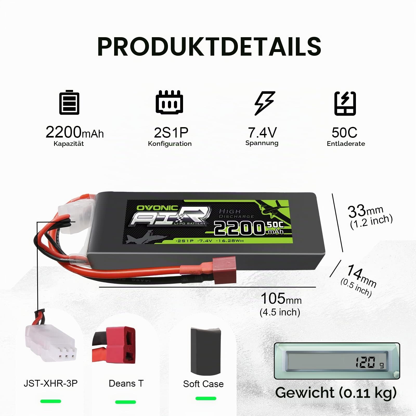 OVONIC Lipo Akku 2s 2200mAh 50C 7,4V Lipo Akku mit Dean Style T Stecker für RC Flugzeug Helikopter Auto LKW (2 Stück)