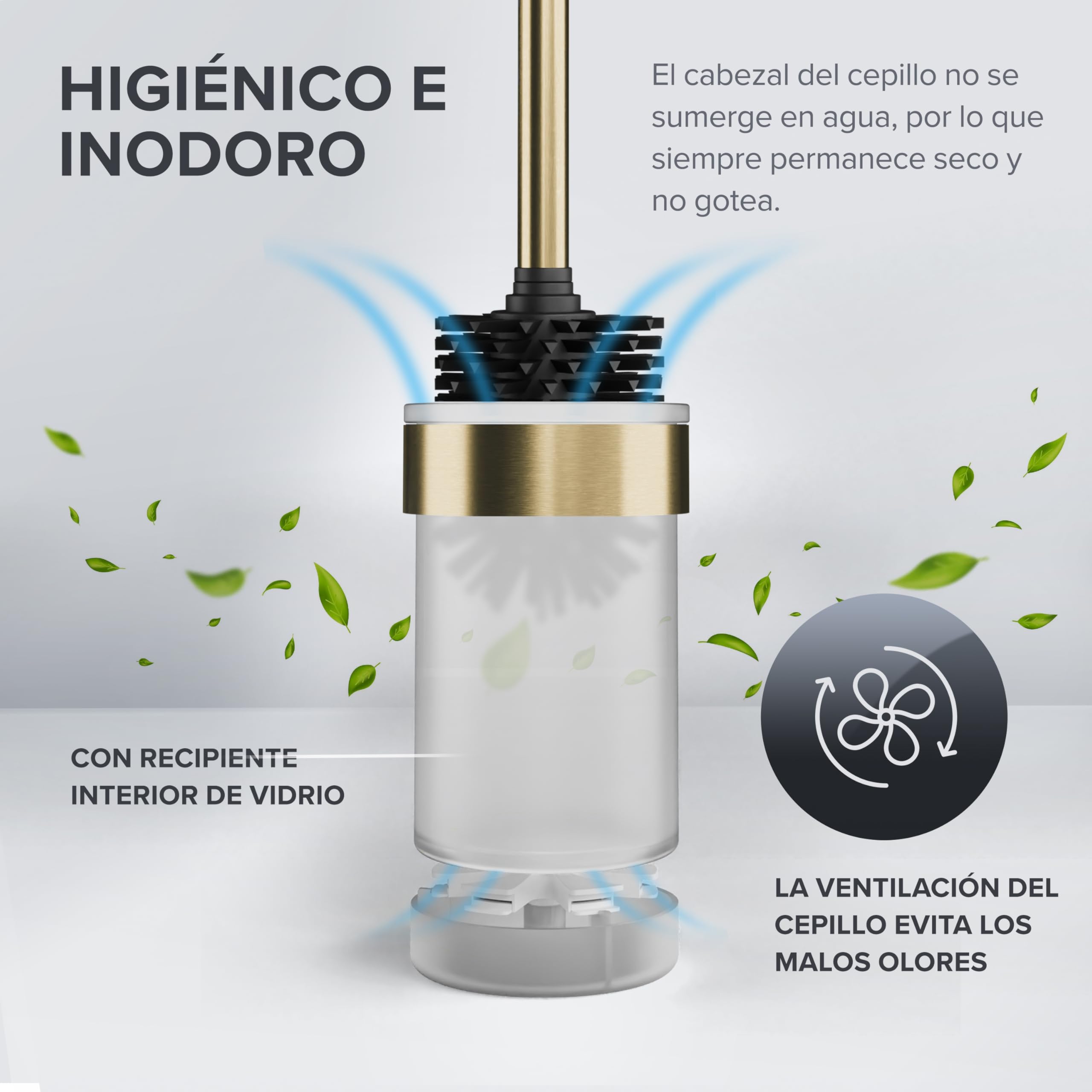 ovimar Escoba de WC Erviksanden | oro | soporte de pared sin perforaciones | escobilla de WC de silicona | escobilla de WC con función de ventilación | para pegar | en acero inoxidable | cabezal para