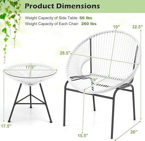 Miniatura 6 de Tangkula - Juego de 3 piezas de muebles de patio al aire libre, juego de sillas Acapulco con cuerda de plástico, mesa de vidrio templado, juego de