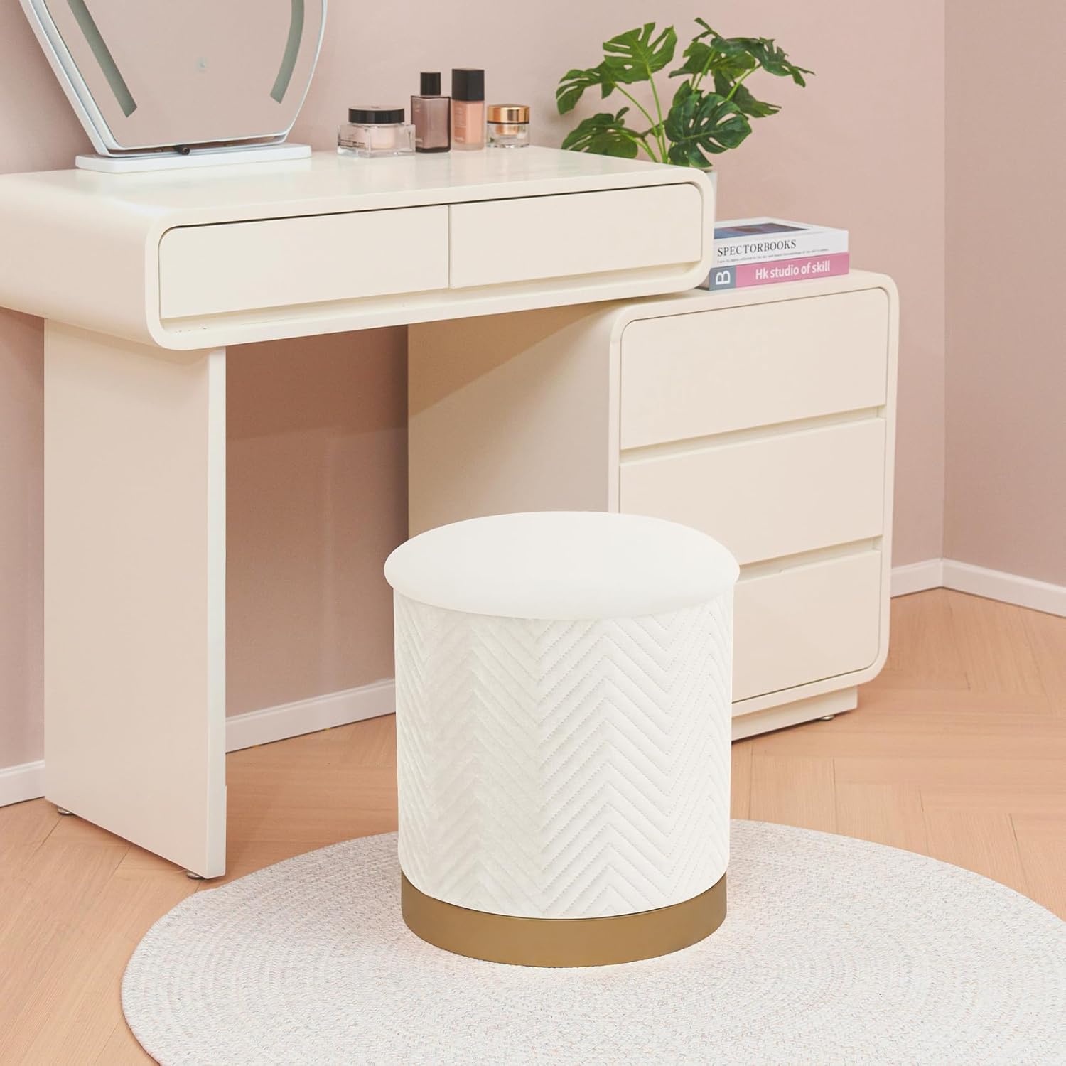 Round Velvet Storage Ottoman with Tray Lid, 16.3" Foldable Ottoman Footstool with Metal Base, Upholstered Storage Footrest for Dorm Living Room Bedroom, White