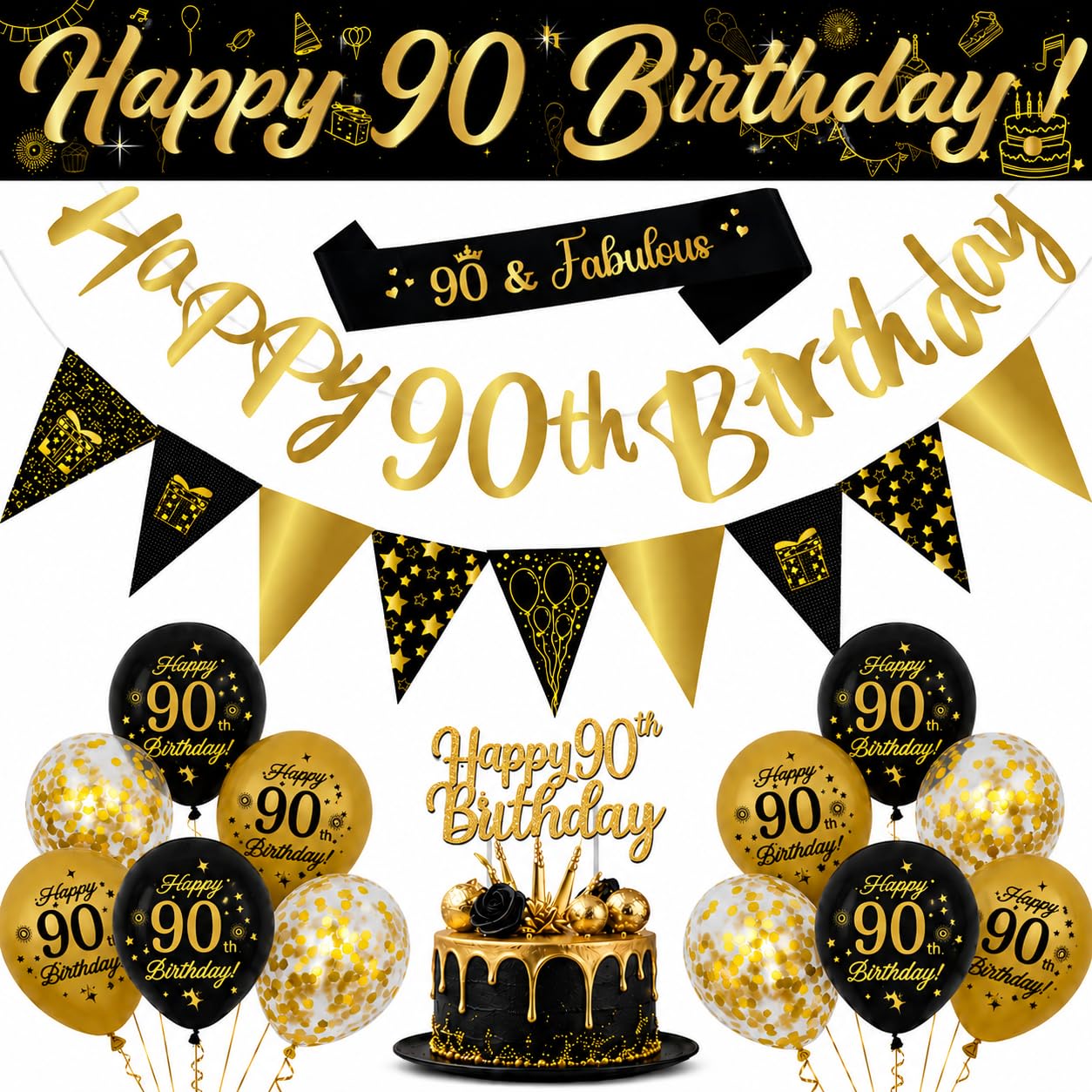 Omrel Black & Gold 90th Birthday Decorations - Happy 90th Birthday Bunting, Triangle Flag Banner, Number 90th Birthday Balloons For Party Decorations