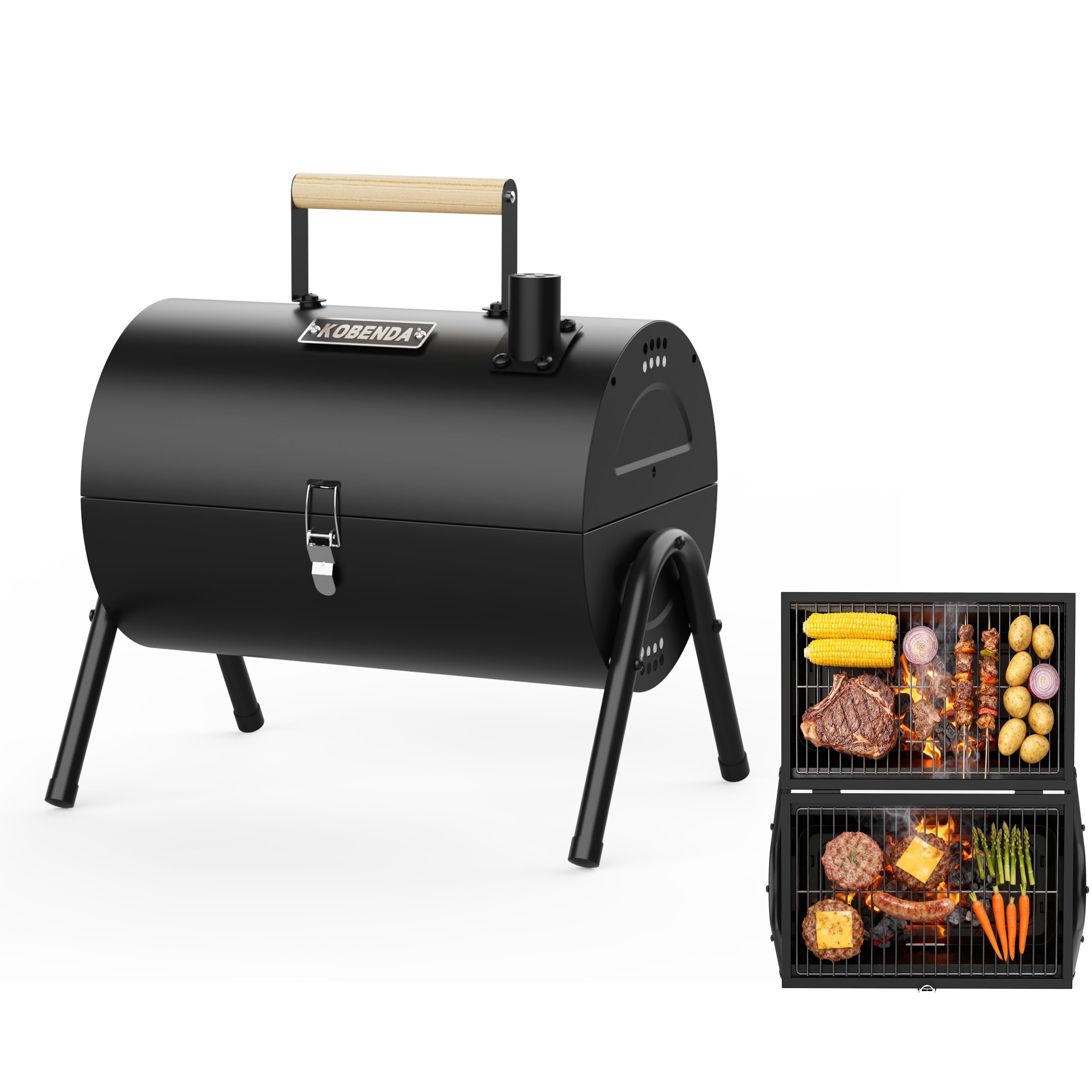 Barbecue Portable à Charbon de Bois, 2-en-1 Mini Barbecue de Table avec Grille Chromée, Poignée Froide et Verrou de Sécurité, Compact pour Camping, Jardin, Balcon