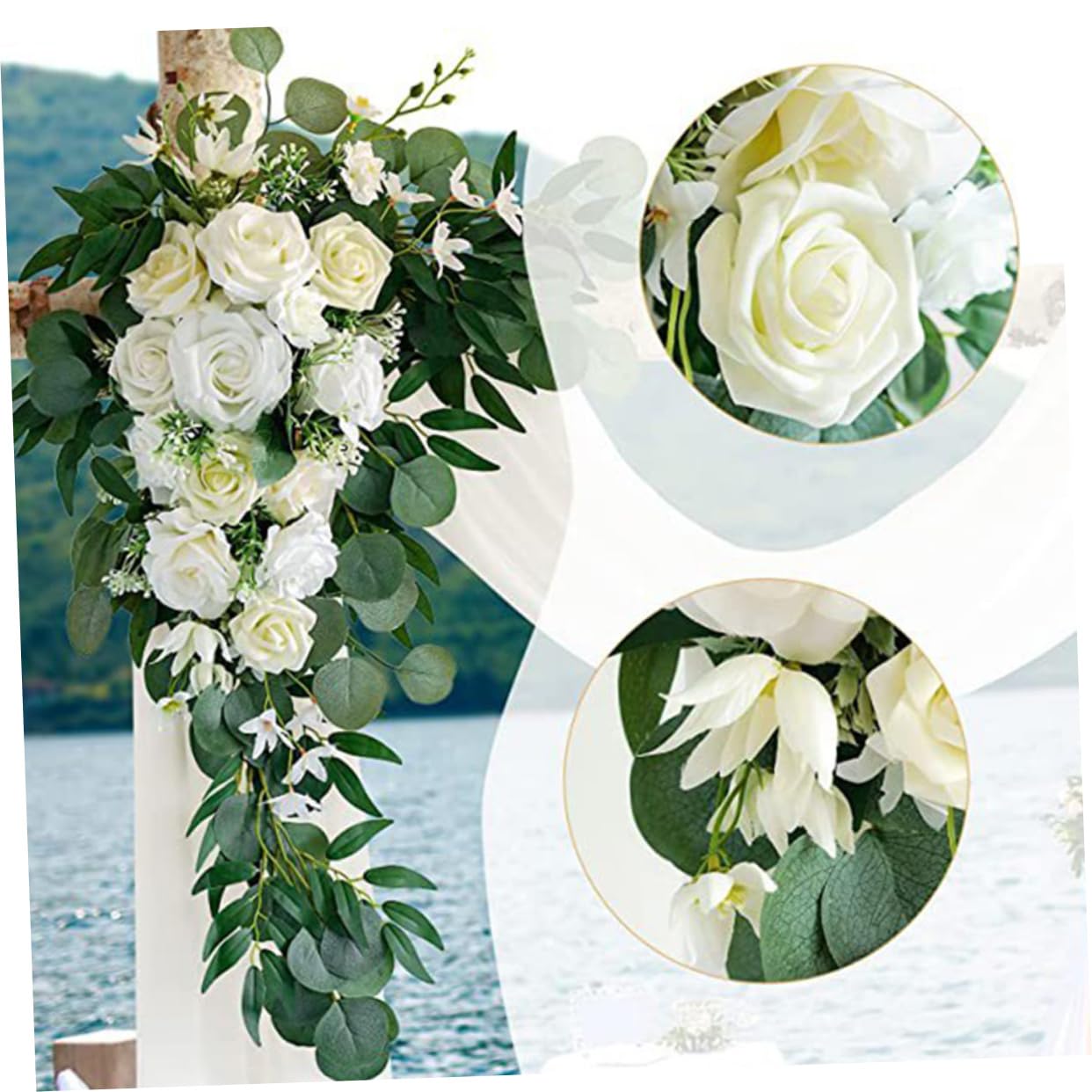 Cabilock Künstlicher Blumenbogen für Hochzeit in Weiß, 1 Satz | Seidenblumen mit Tüll, Nie Welkend und Pflegeleicht, für Florale Anordnung oder Wandaufhängung