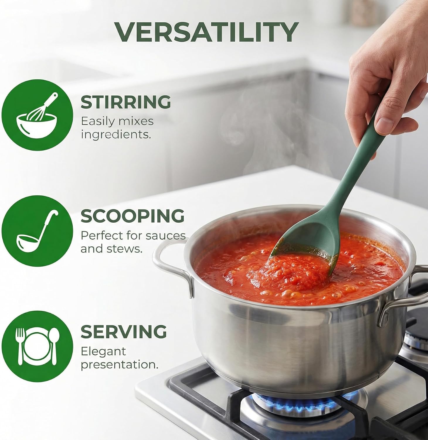 Silicone Kitchen Spoons Set - 2 Pack Heat-Resistant Utensils (Slotted & Solid Spoon) for Cooking, Baking - Non Stick, Dishwasher Safe (Green)