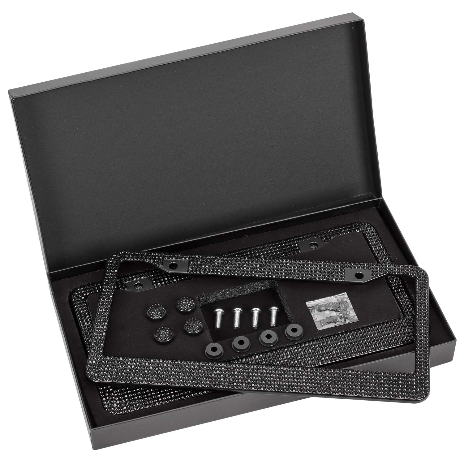 WeTest 2 Pack Premium Diamond Car License Plate Frame Set– Bling Bedazzled Stainless Steel Car Plate Frames,with 2 Holes Screws Caps Set (Black)