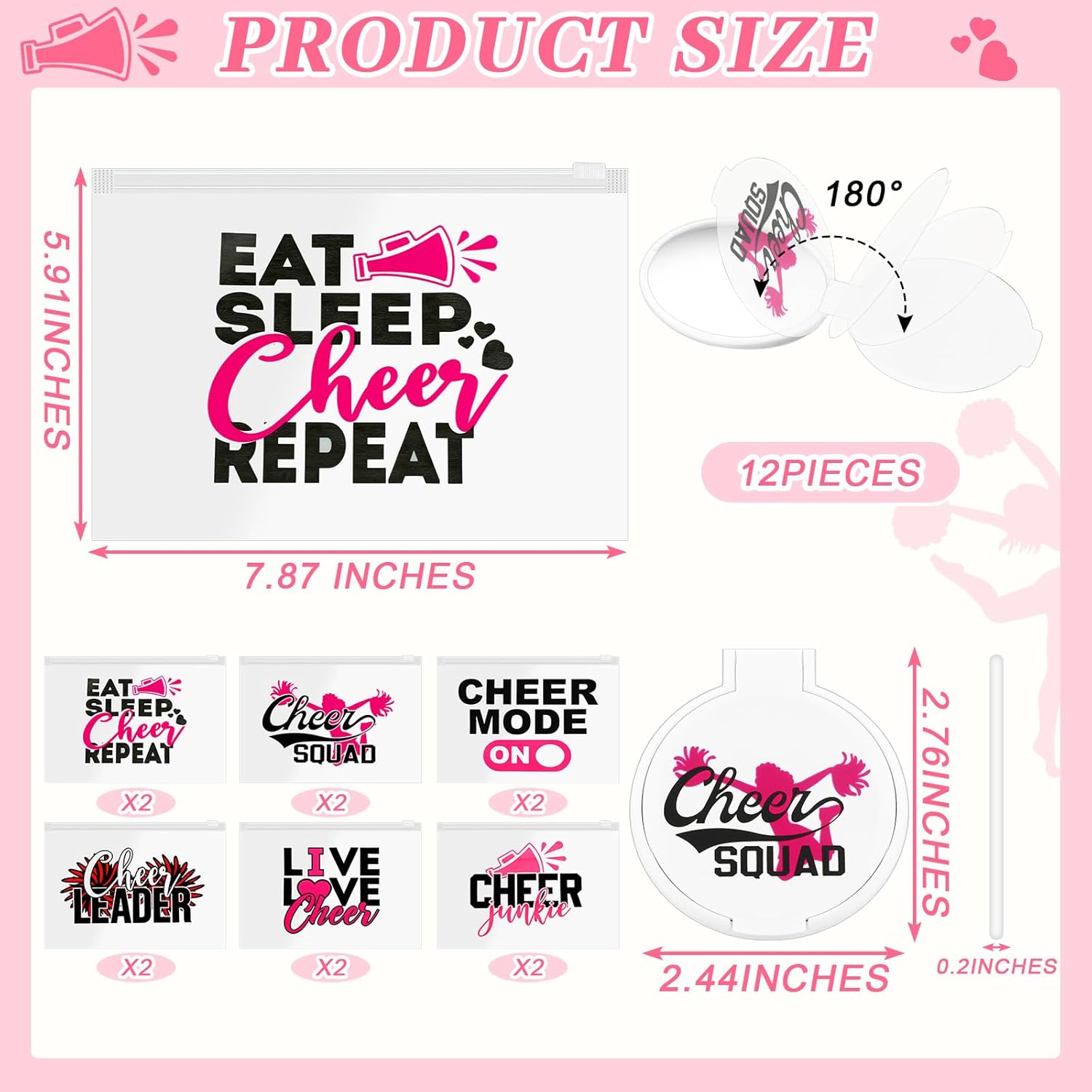 36 Pcs Cheerleader Gifts Set Including 12 Pcs Portable Zipper Cheer Makeup Bag 12 Pcs Compact Mirror 12 Pcs Cheer Bracelet Cheerleader Party Favors for Women Cheerleading Team Teammates