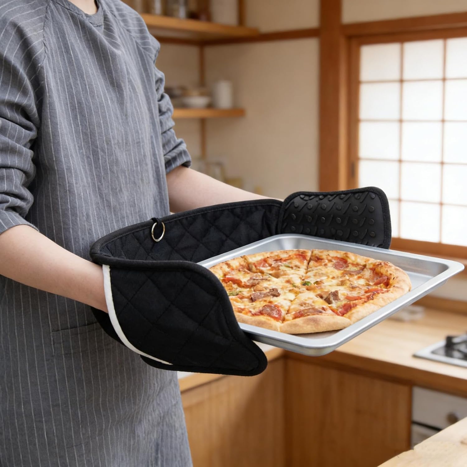 VICASKY Double Ended Oven Mitts Heat Resistant Silicone Cooking Gloves with Anti-Slip Grip for Baking Grilling BBQ Extended Arm Protection Kitchen Safety Black