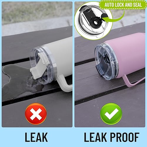 Miniatura 5 de Zenbo Vaso de acero inoxidable aislado al vacío con asa, tapa de rosca y pajilla, mantiene las bebidas frías hasta 24 horas, vaso aislado a prueba