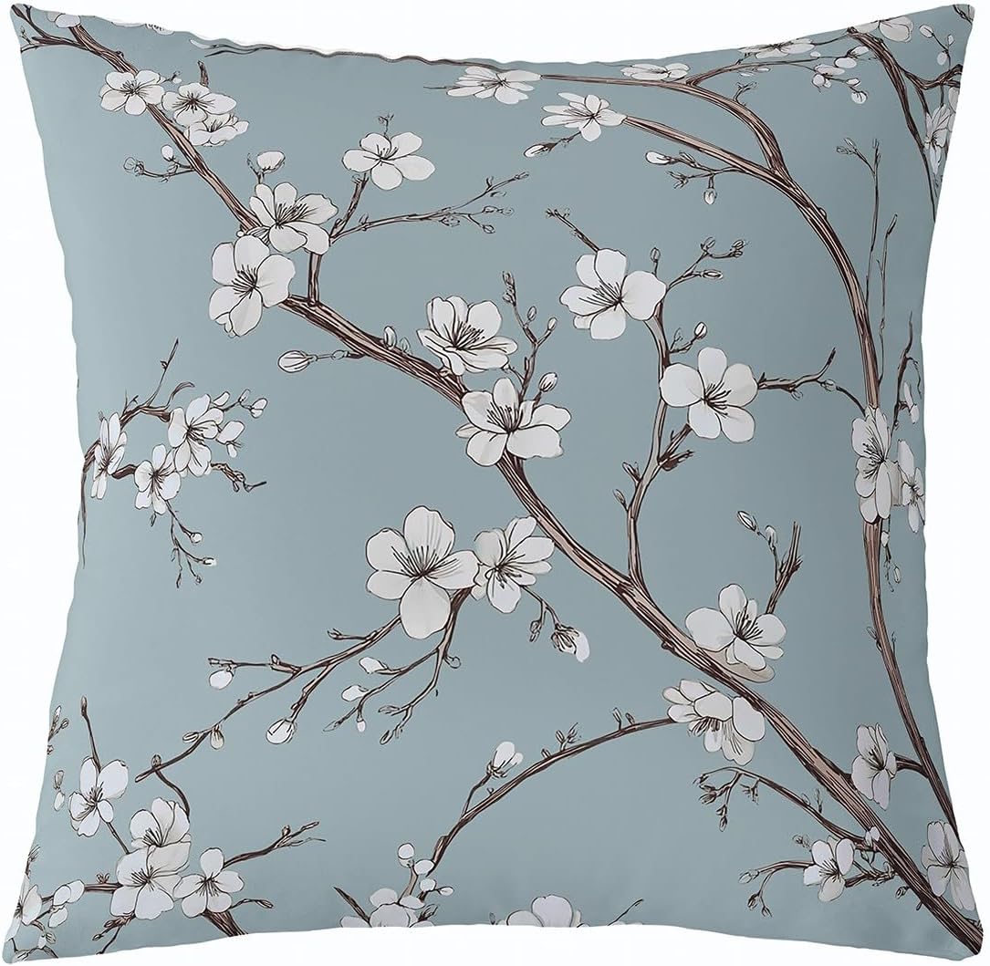 Erosebridal Cherry Blossom Throw Pillow Cover 24x24 Inch,Chinoiserie Chic Cushion Cover,Elegant Floral Branches Cushion Case,Spring Garden Flowers Plum Decorative Pillowcase,Grayish Blue
