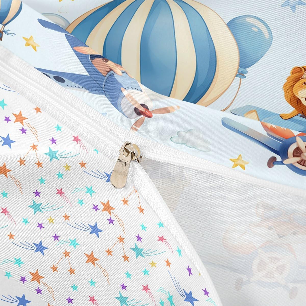 jejeloiu Cute Cartoon Animals Duvet Cover Toddler Size Kids Aircraft Flying Comforter Cover for Boys Girls Teens Fox Lion Giraffe Bedding Set Breathable Airplane Print Bedroom Decor Bedclothes