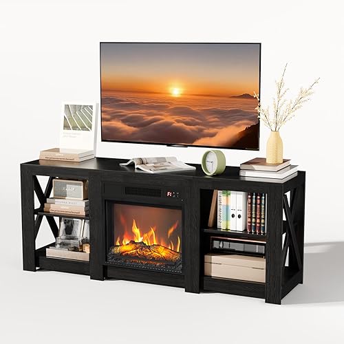 Vista 8 de Bonnlo Soporte de TV con chimenea para televisores de hasta 70 pulgadas, centro de entretenimiento rústico con calentador eléctrico y estantes