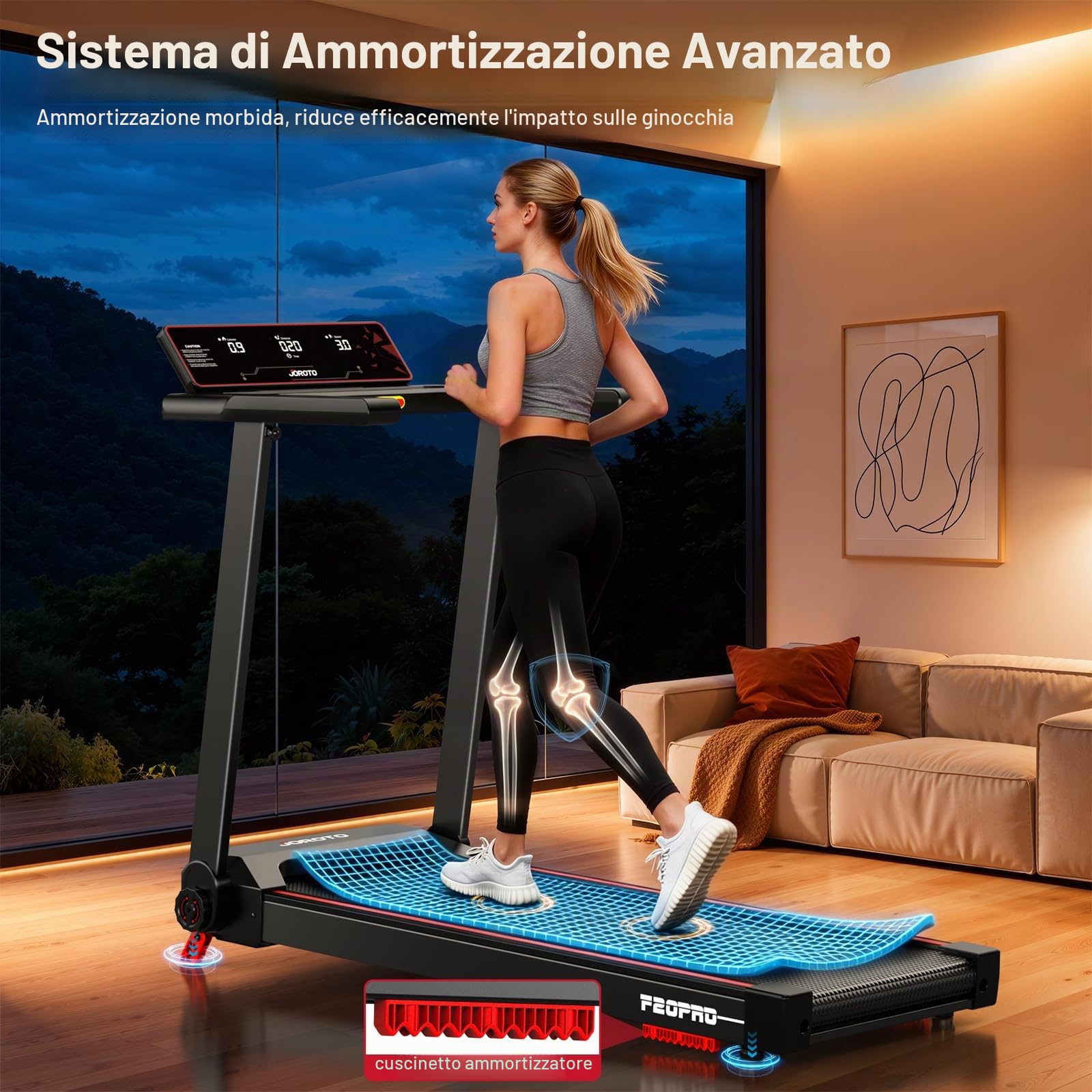JOROTO Tapis roulant con regolazione della pendenza, tapis roulant pieghevole, fino a 12 km/h, motore da 2,5 CV, portata 130 kg, display a LED, compatibile con app, tappetino compatto per casa e