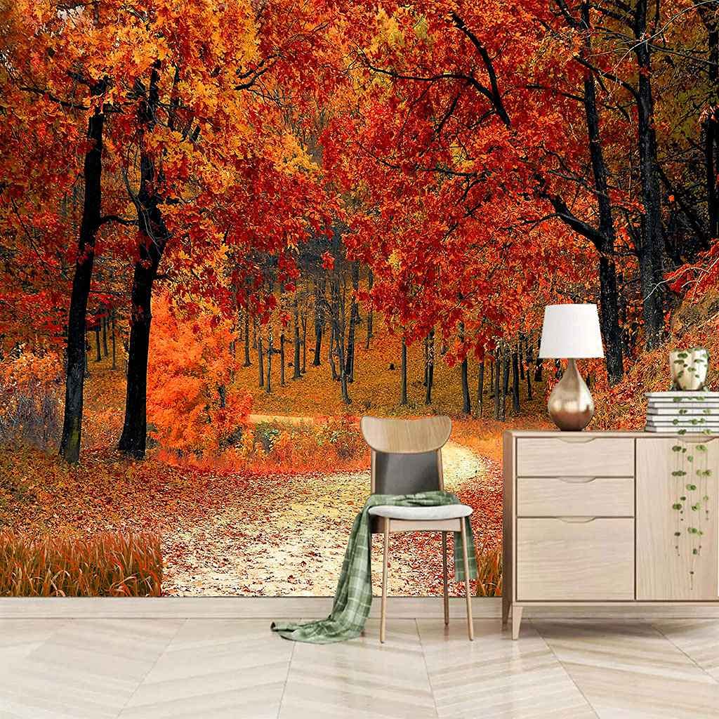 Papier peint forêt d'automne 3D auto-adhésif en canevas résistant et facile à poser 350x256