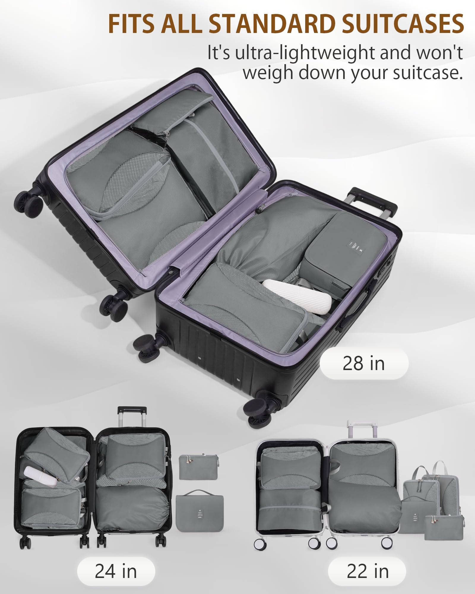 Set di 10 cubi per imballaggio a compressione, organizer per valigie, cubi da viaggio per valigie, organizer per bagagli, borse da imballaggio, accessori essenziali per le vacanze, grigio