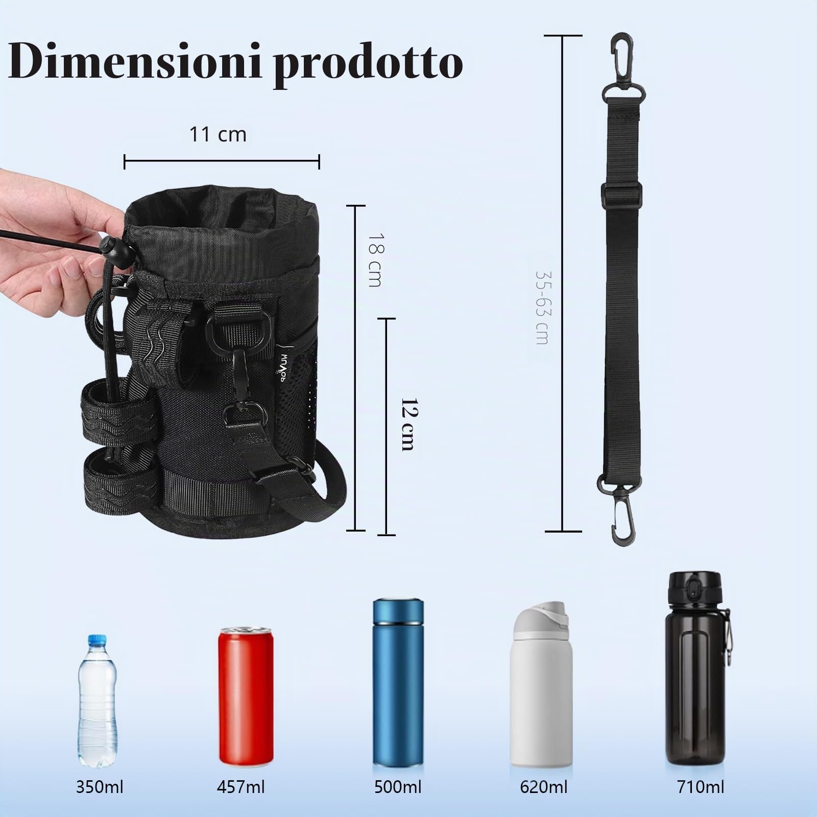 Portaborraccia bici, portabottiglie per bicicletta con tasca in rete chiusura a coulisse, porta borraccia tracolla senza viti,adatto per mountain bike, bici da città, moto, carrozzine