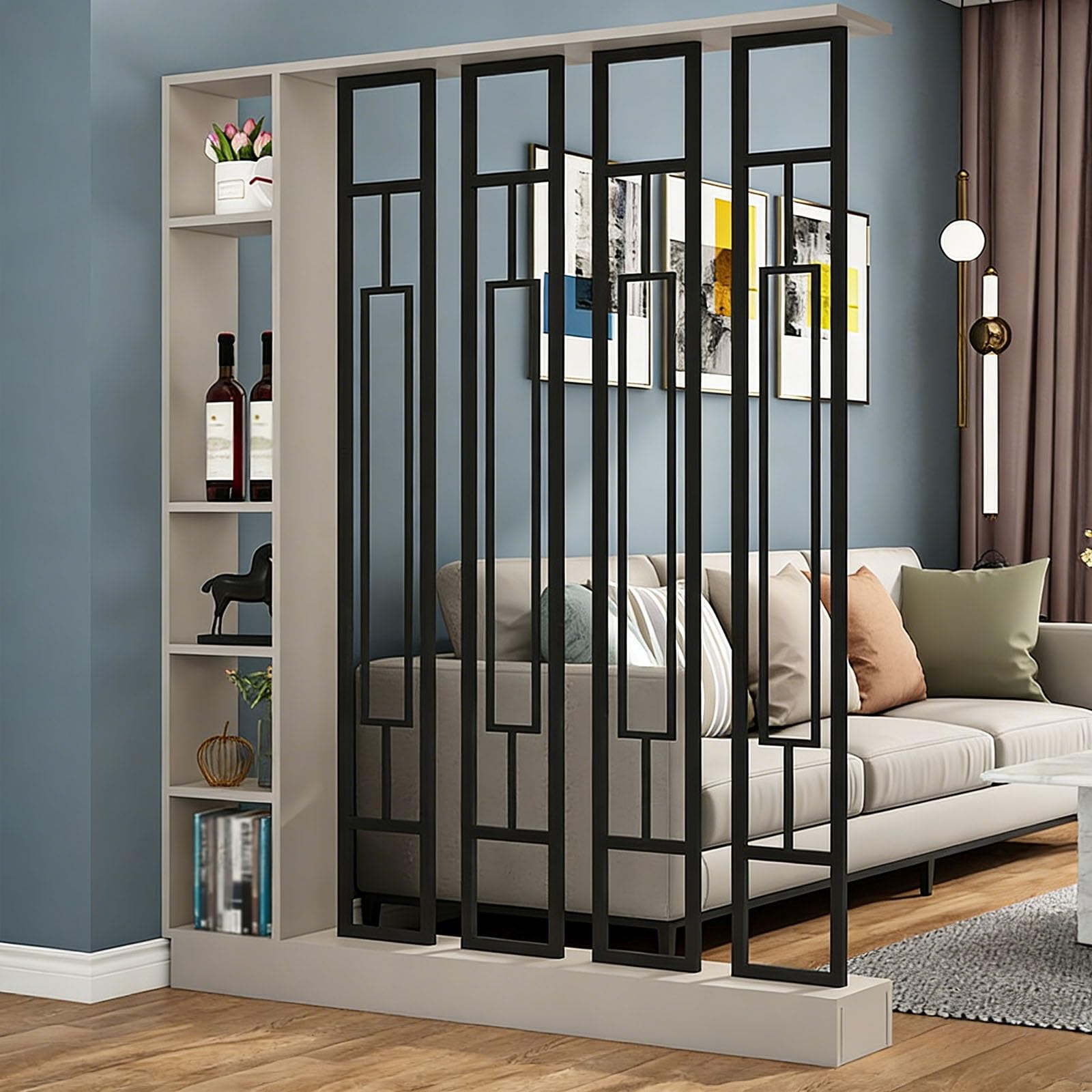 Nowoczesna drewniana ścianka działowa z Boohelf, przegroda prywatności i otwarte półki do domowego biura, salonu, dekoracja sypialni - khaki i czarny, 140 cm elegancki design