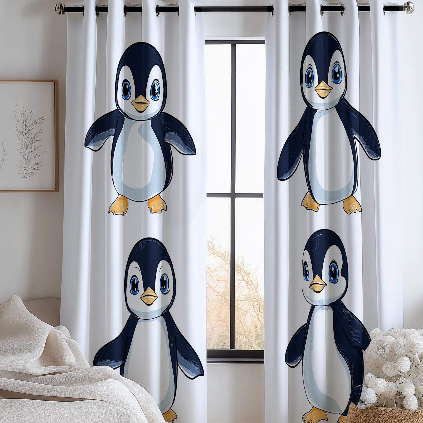 Generisch Weiß 2er Set Verdunkelungsvorhänge mit Ösen, Cartoon-Pinguin Illustration Blickdicht Thermo Isoliert Vorhänge für Wohnzimmer & Schlafzimmer, HxB 214 x 91.5 cm