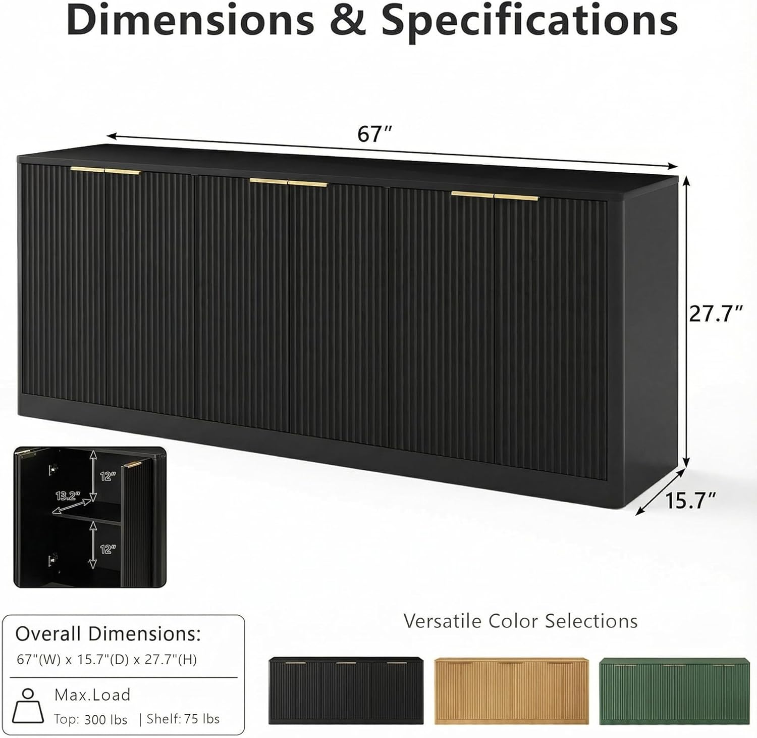 67" Fluted Buffet Cabinet Sideboard with Storage, Large Credenza with 6 Doors, Wood Mid Century Modern Sideboard for Kitchen and Living Room，Black
