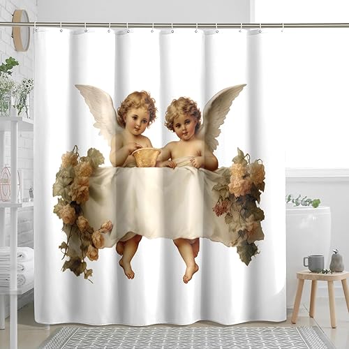 Cortina de ducha con diseño de ángel, estilo renacentista, vintage, romántica, tela para bañera, lavable a máquina, con diseño, blanco, 72 x 72
